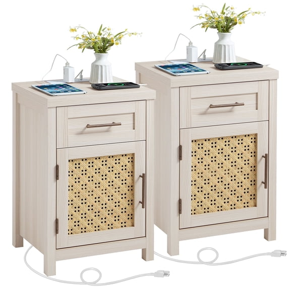 Nightstand Set of 2 with Charging Station, Rattan End Table with Drawer & Storage Cabinet, Bedside Table for Bedroom, Living Room, Grey White