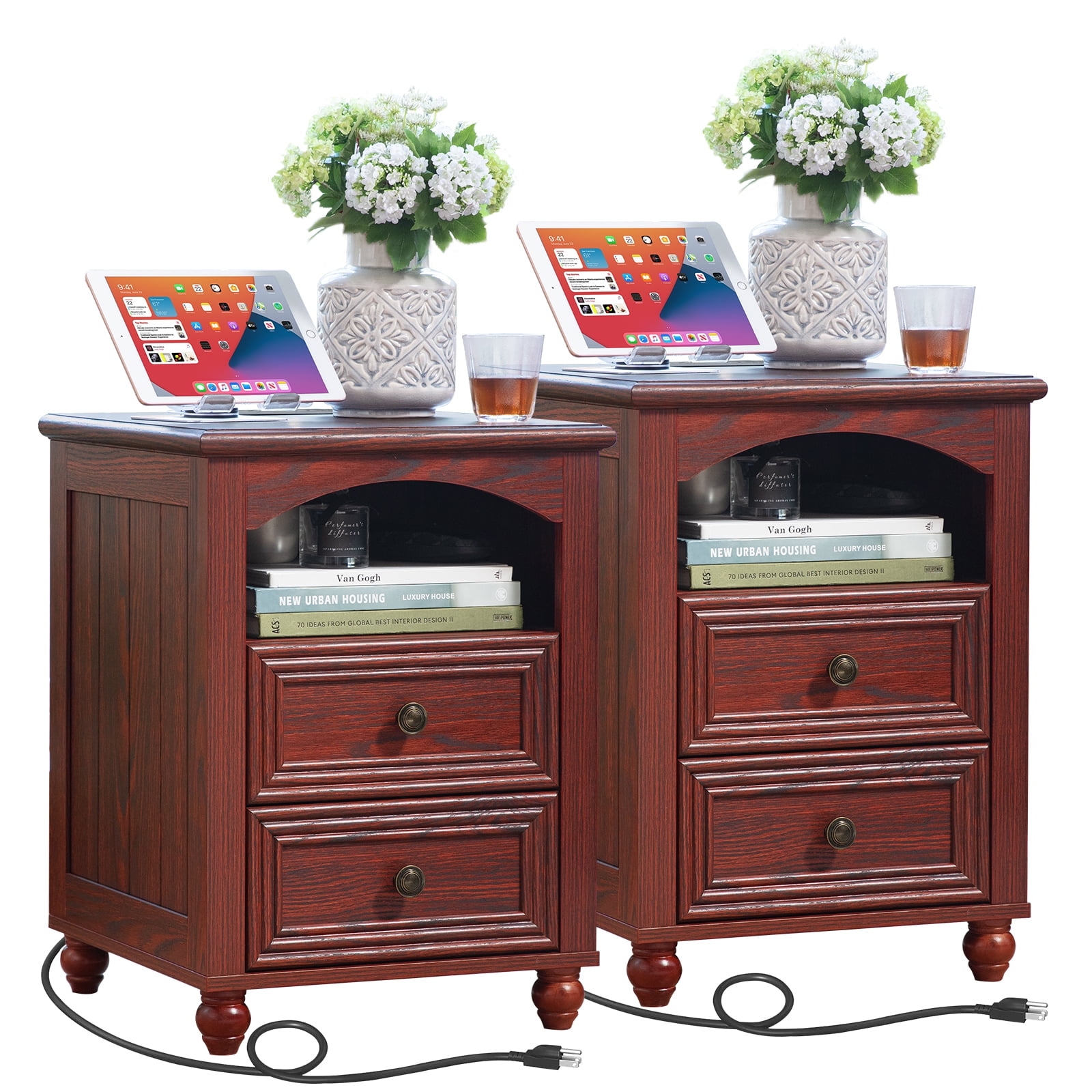 Nightstand Set of 2 with Charging Station, Rustic Modern Bedside Tables with 2 Drawers & Shelf, Bedside Tables End Table for Bedroom - Red Oak