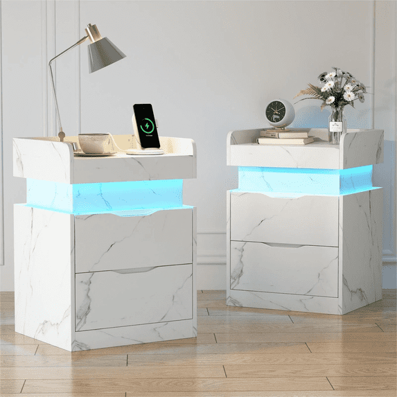 Nightstand Set of 2 with Charging Station, White Bedside Table LED Modern Nightstand with 3 Hidden Drawer for Bedroom Living Room, White Marbled