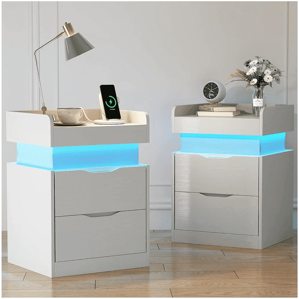 IDEALSOUL Nightstand Set of 2 with Charging Station, White Bedside Table LED Modern Nightstand with 3 Hidden Drawer for Bedroom Living Room