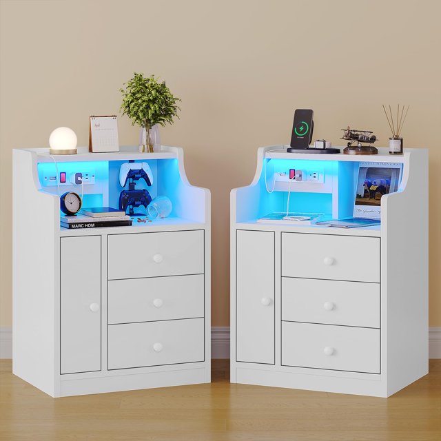 Nightstand Set of 2 with Charging Station and LED Light, Bedside Table
