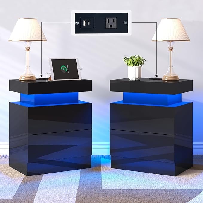 LUXOAK Nightstand Set of 2 with Charging Station and LED Light, Modern Side Table, Black