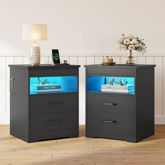 Nightstand Set of 2 with Charging Station and LED Lights, Bedside Table with 2 Storage Drawers and Lockable Sliding Desktop for Bedroom, Black