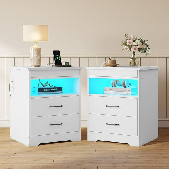 Nightstand Set of 2 with Charging Station and LED Lights, Bedside Table with 2 Storage Drawers and Lockable Sliding Desktop for Bedroom, White