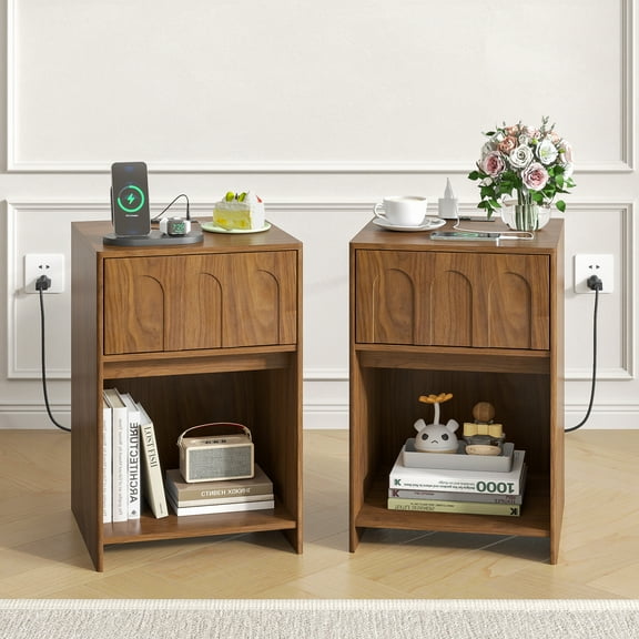 Nightstand Set of 2 with Drawer Storage, Mid-Century End Tables Side Tables for Bedroom, Living Room, Walnut