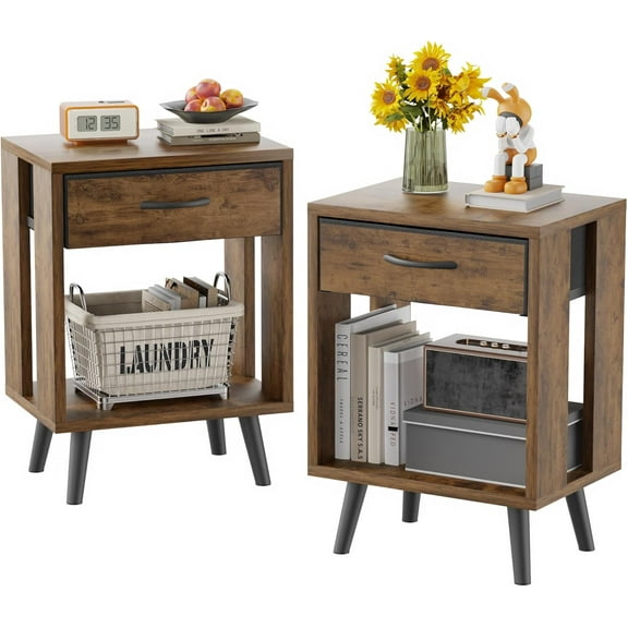 Nightstand Set of 2 with Fabric Drawers and Open Shelves - Rustic Bedroom Side Tables