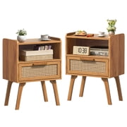 Nightstand Set of 2 with Rattan Style Finish, 1-Drawer Bedside Table with Open Shelf, for Bedroom Living Room, Tea Brown