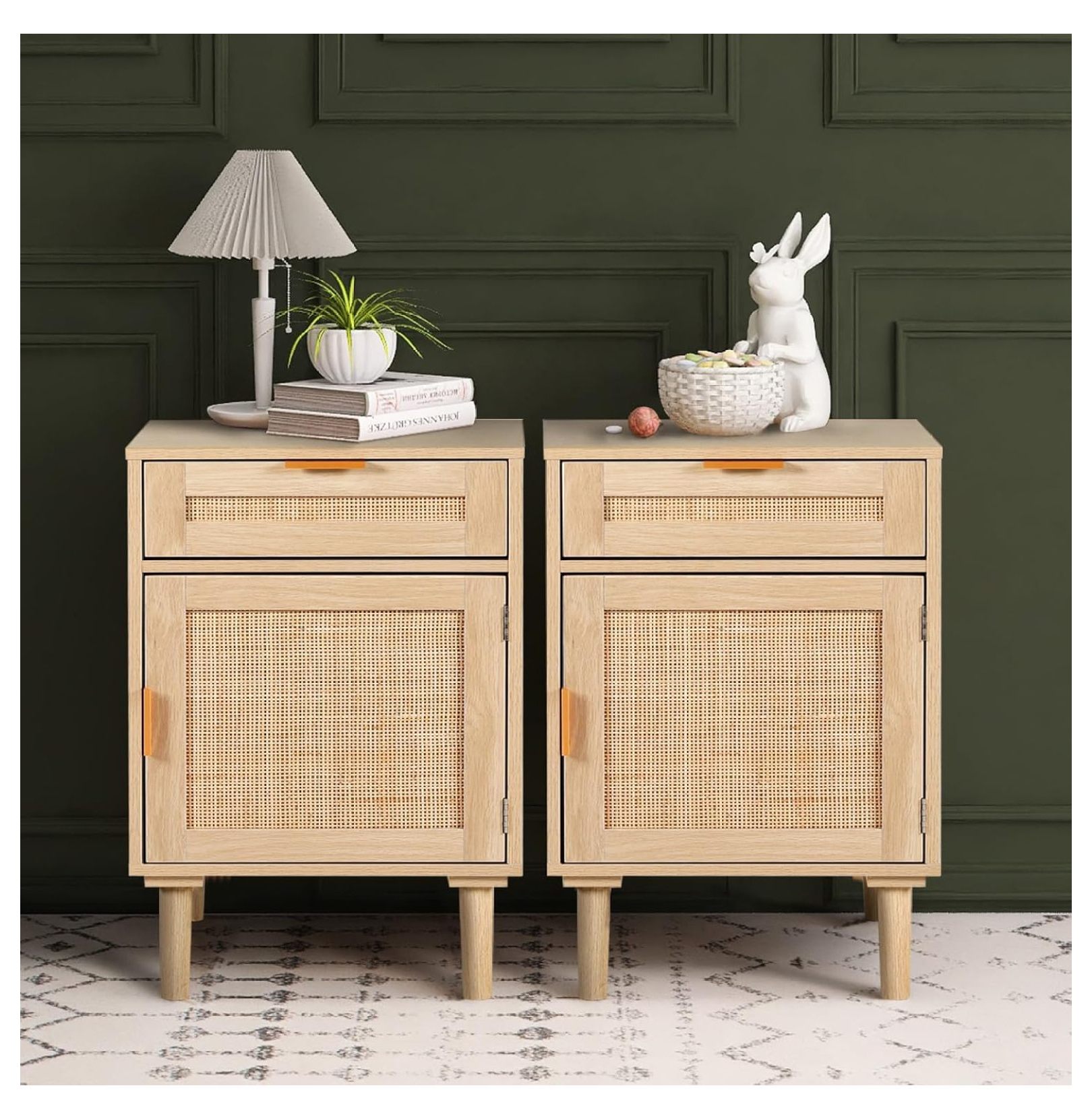 Nightstand Set with Drawers, Boho BedSide Tables, Oak Rattan End Tables ...