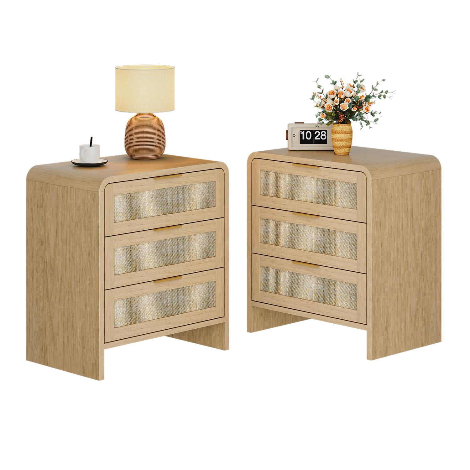 Nightstand Sets, Bedside Table Sets, Rattan Nightstand with 3 Drawers, Curved Design, Gold Accented Handles, Set of 2 Matching Bedside Tables for Master Bedroom Guest Room, Natural Oak