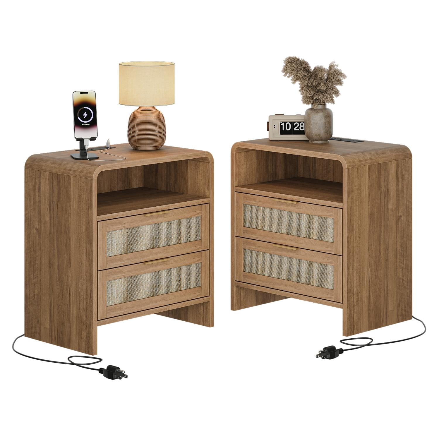 Nightstand Sets, Bedside Table Sets, Rattan Nightstand with Integrated Power Outlet, 2 Drawers, Open Shelf, Curved Design, Set of 2 Matching Bedside Tables for Bedroom, Caramel Oak