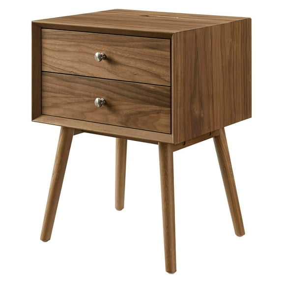 Nightstand Side End Table w/ USB, Wood, Brown Walnut, Modern Contemporary Urban Design, Bedroom Master Guest Suite Living Room