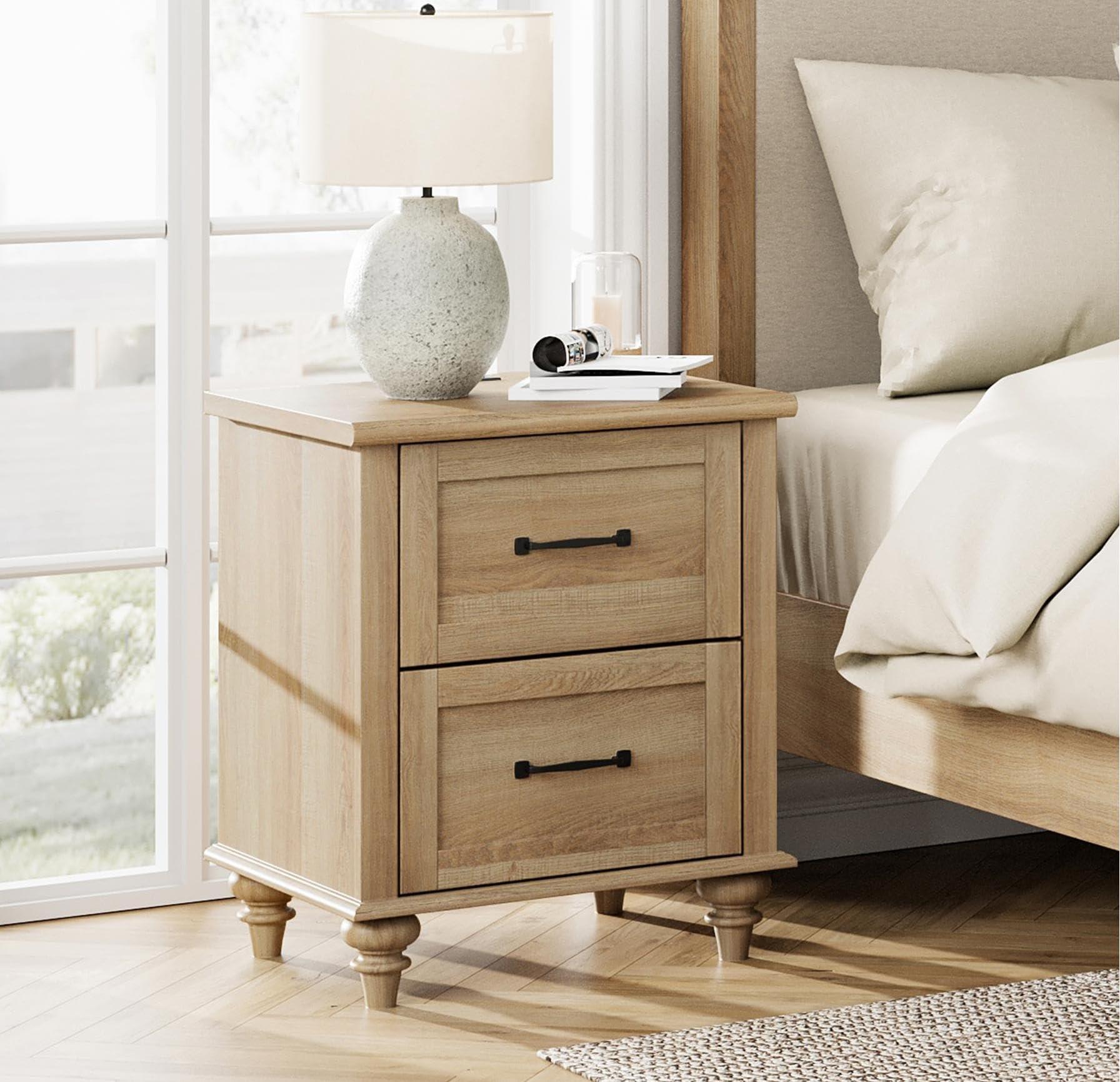 Nightstand Side Table with Charging Station, Light Wood End Table with ...