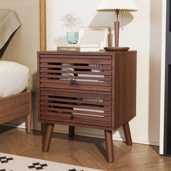 Nightstand, Side Table, End Table, Mid Century Modern Nightstand with Hollowed Drawers, Bedside Tables, Small Nightstands with Storage for Bedroom, Walnut
