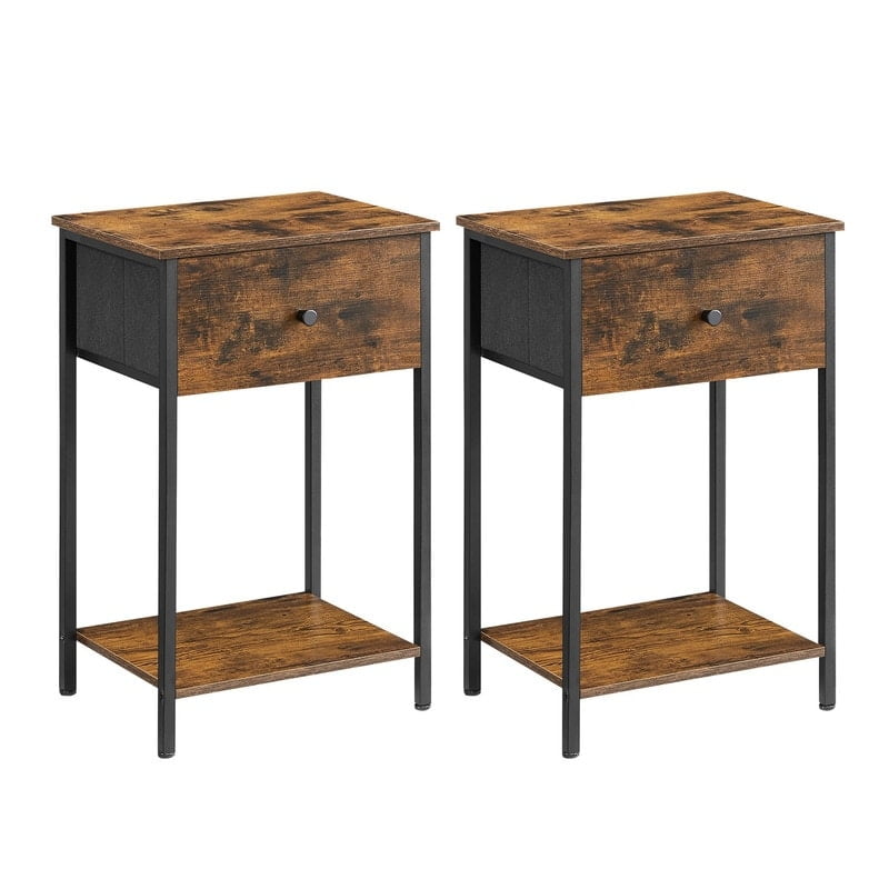 Rustic Brown Industrial Nightstand Set with Fabric Drawers