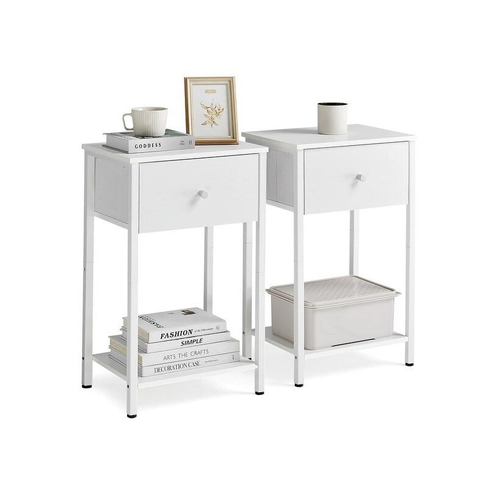 Nightstand, Side Table with Fabric Drawer White - Set of 2
