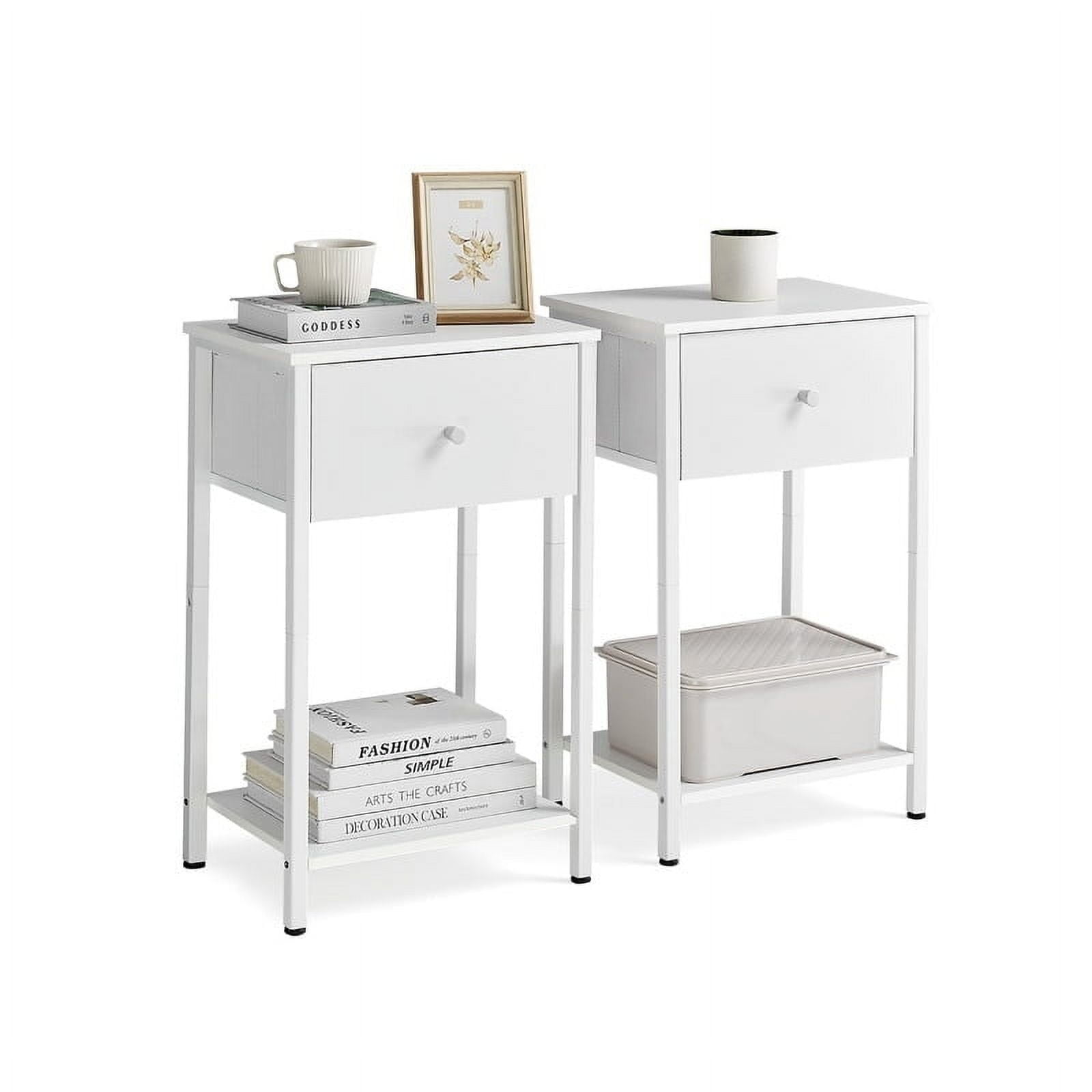 Nightstand, Side Table with Fabric Drawer White - Set of 2