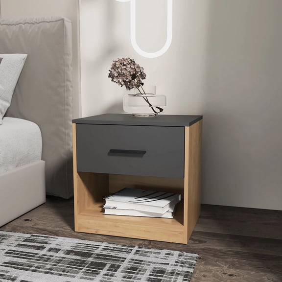 Nightstand with Single Drawer | Open Shelf for Pre - sleep Book Access, Drawer for Small Stuff | Natural Oak and Matt Grey Particle Board | Keep Space in Order