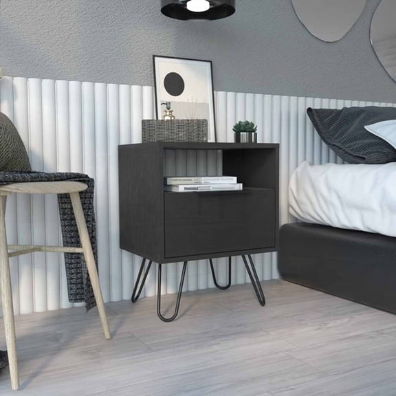 Nightstand Skyoner sporting Single Door Cabinet & Hairpin Legs, Black Wengue Finish & Two Shelves