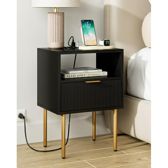 Nightstand,Small Bedside Table with Gold Frame,Morden Night Stand with 2 Drawer,End Table,Side Table with Drawer and Shelf for Bedroom,Living Room (Black-1Drawer-Outlet)