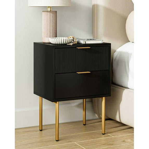 Nightstand,Small Bedside Table with Gold Frame,Morden Night Stand with 2 Drawer,End Table,Side Table with Drawer and Shelf for Bedroom,Living Room, Black