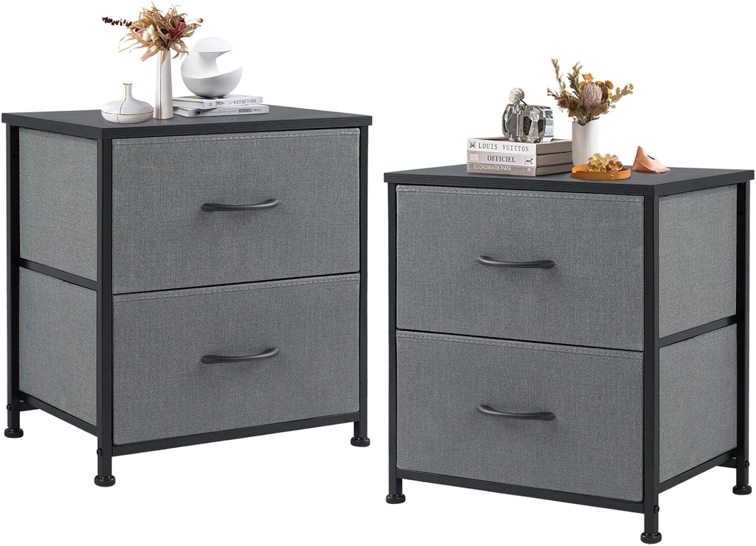 Nightstand Small Dresser with 2 Fabric Drawers Side Tables Bedroom End Table Kids Bedside Storage Furniture for 20 inch Tall Night Stand for Closet, Entryway, College Dorm,Gray(2 Pack)