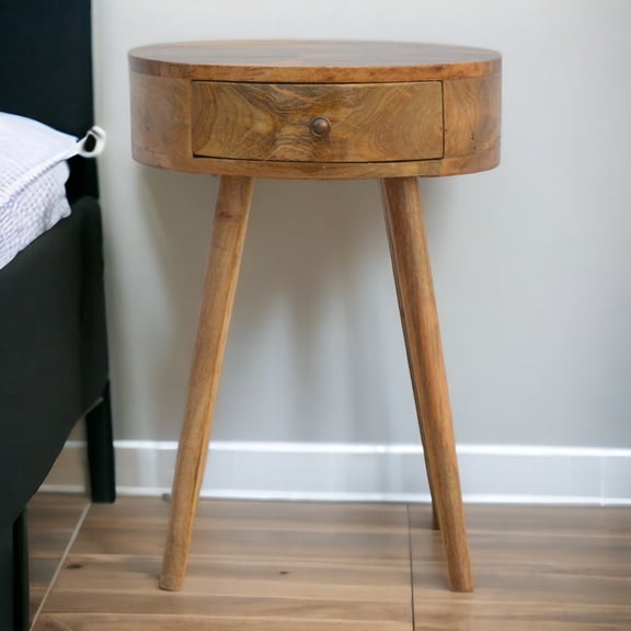 Nightstand, Solid Mango Wood Circular Bedside Table with 1 Storage Drawer, Contemporary Nordic Style Round End Table with Legs in Oak Brown Finish for Bedroom Furniture Decor