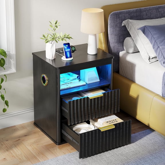 Nightstand with - Speaker, Modern Bedside Table with RGB LED Lights & Station, Auto Sensor Night Stand with 2 Drawers & Open Shelf for Bedroom,Black