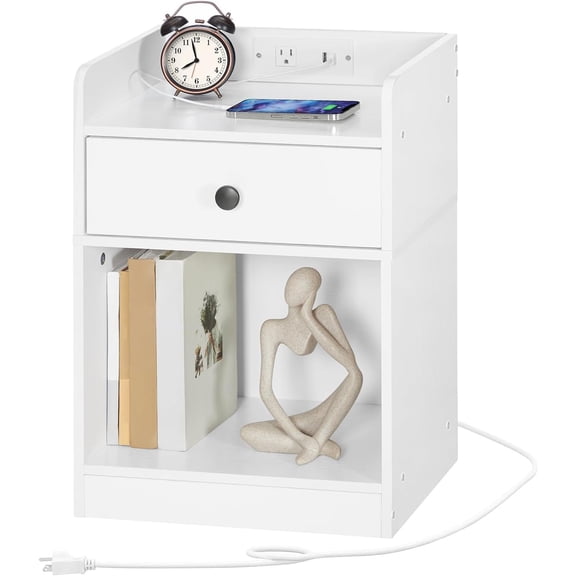 Nightstand with Station, End Table with Drawer and Opening Shelf, Bedside Table with USB Ports and Outlets, Small Night Stand for Bedroom, Simple Style, White WT18UBZ01