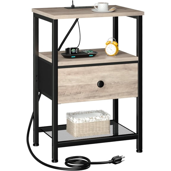 Nightstand with Station, End Table with Fabric Drawer, Night Stand for Bedroom, Small Bed Side Table with USB Ports and Outlets for Living Room, Grey, HETS010GY-1