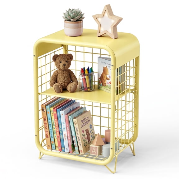 Nightstand with Storage, 3-Tier Open Shelf End Table, Hollow-out Design Metal Nightstand for Living Room, Bedroom, Narrow Bedside Table, Modern Room Decor Furniture, Yellow