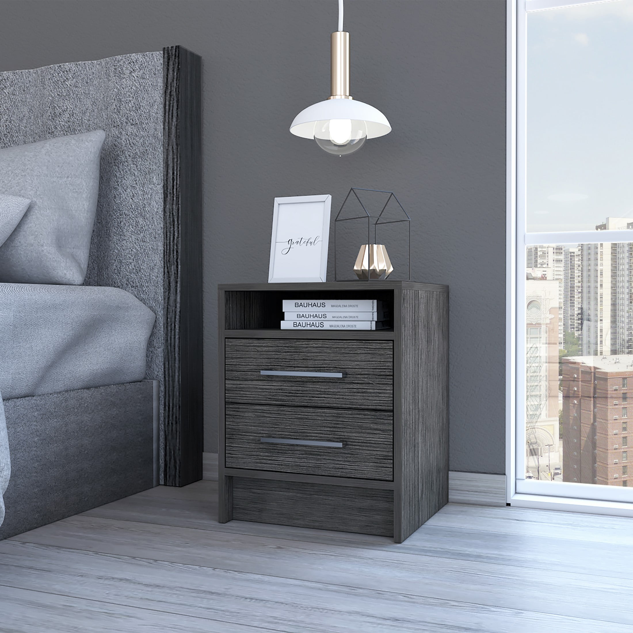 Sophisticated Smokey Oak 2-Drawer Nightstand with Open Shelf