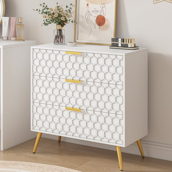 Nightstand Table with 3 Drawers, Honeycomb Pattern Wooden Side Table with Storage, Office File Cabinet, side table for Bedroom, Bedroom, Hallway, Hotel Bedside Table/Wardrobe Organizer