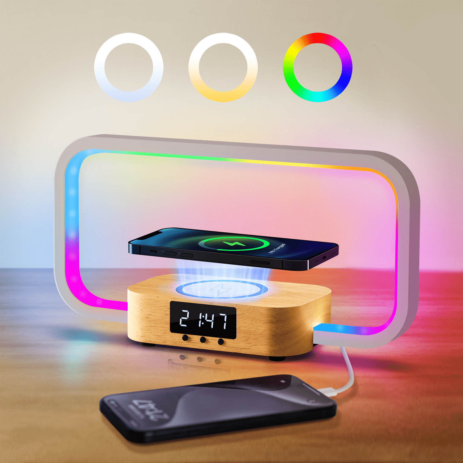 Wooden Touch Nightstand Lamp with Clock, RGB Colors, USB & Wireless