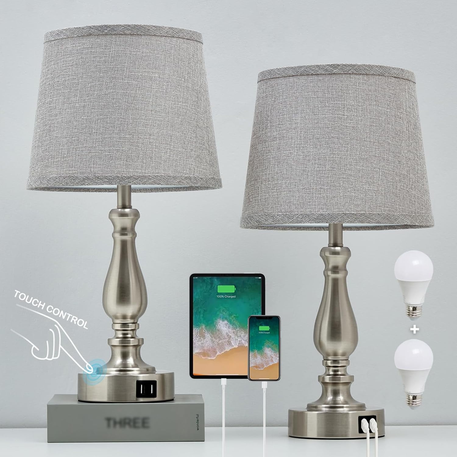 Nightstand Table Lamps for Bedroom Set of 2, Touch Bedside Lamps with