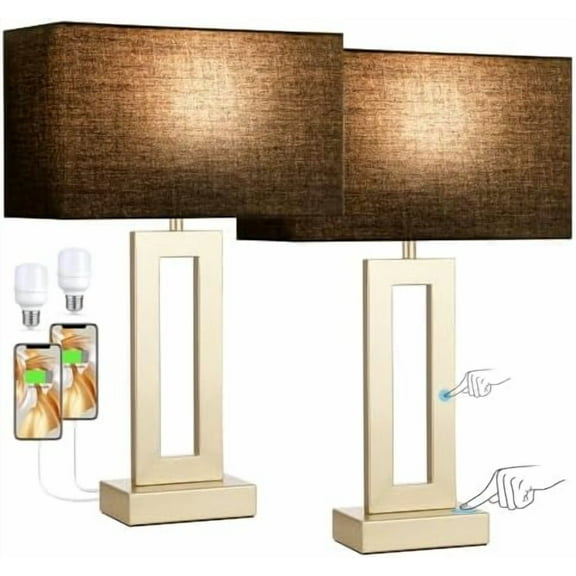 Nightstand Table Lamps for Bedrooms Set of 2 - Touch Bedside Lamp with USB C+A, 3 Way Dimmable Living Room Lamps for End Tables Set of 2(Black&Gold)