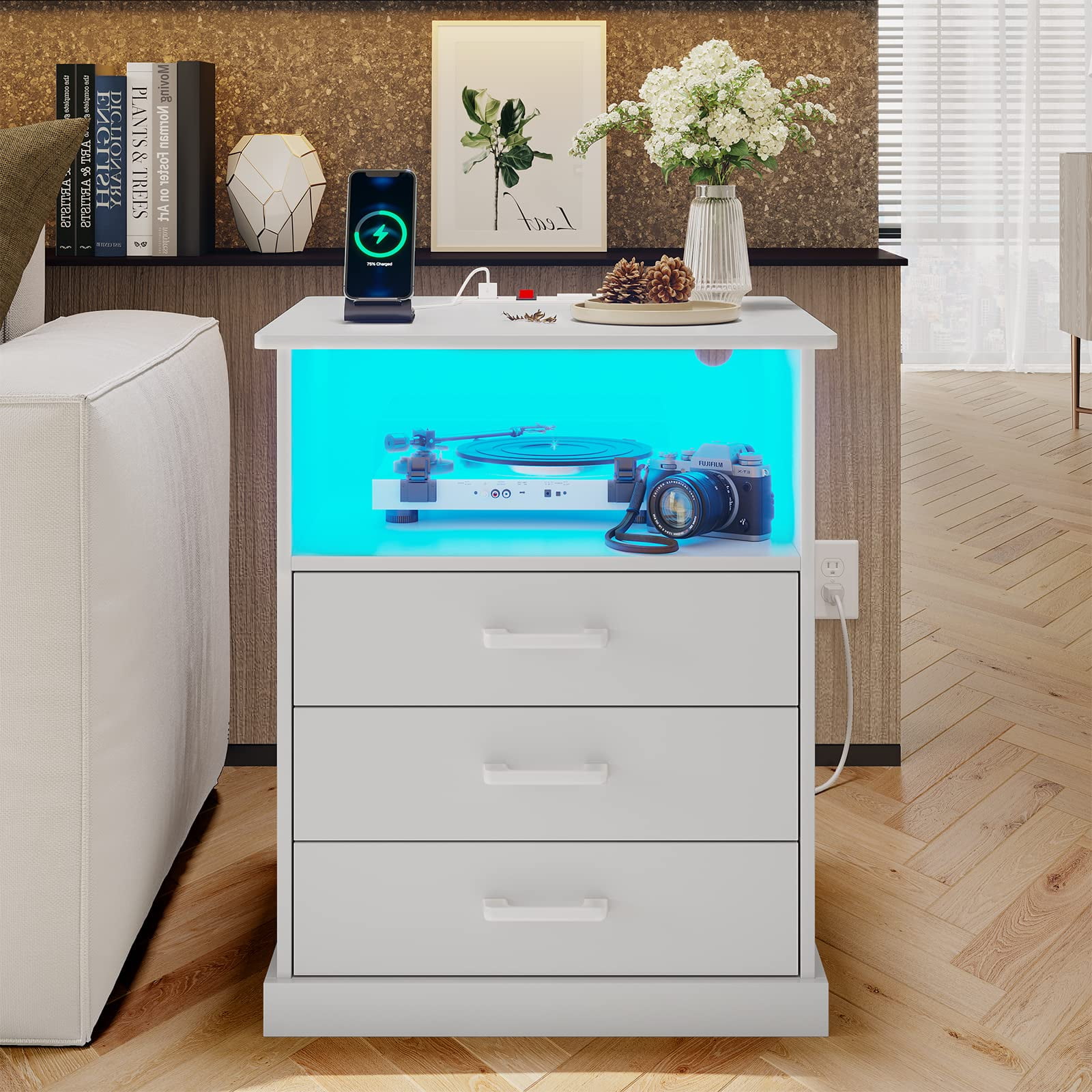 Nightstand Table with 3 Storage Drawers White Nightstand with Charging