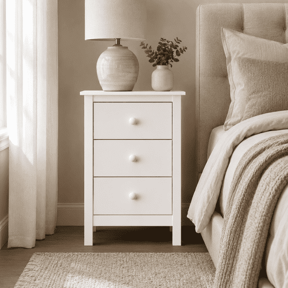 From the Tree Furniture Nightstand Contemporary, Dorm Room, Three Storage Drawers, Solid Pine Wood, White