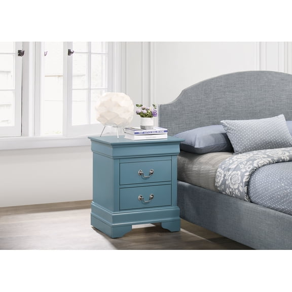 Nightstand, Traditional Particle Board Bedside Table with Two Storage Drawers, Compact 24"H x 21"W x 16"D Dimensions, Bright Teal Color, Fully Assembled for Bedroom Room Layouts