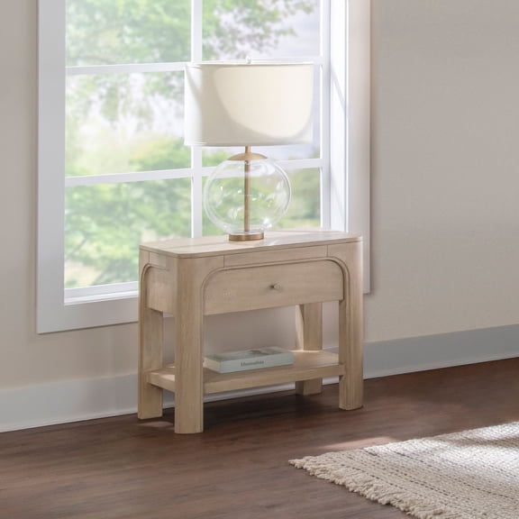 Nightstand, Weathered Mango Wood Bedside Table with 1 Felt-Lined Drawer, Open Lower Shelf, Integrated USB-A and USB-C Charging Ports, Coastal Style, 25.5"H x 27.5"W x 18"D for Bedroom