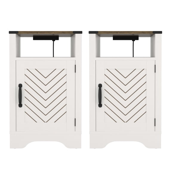 Nightstand - White And Oak, Two Plug Sockets, Convenient Storage Rustic Charging & End Table With Materials