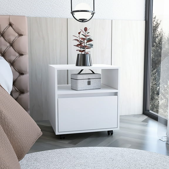 Nightstand , White. One Drawer Table For Bedroom. Built With Particle Board. Fits Various Decor Styles. 16.14"h X 16.14"w 19.86"d. 17.7"h 15.7"w Shelf. 15.5"h 13.2"w White Nightstand. Storage Chest