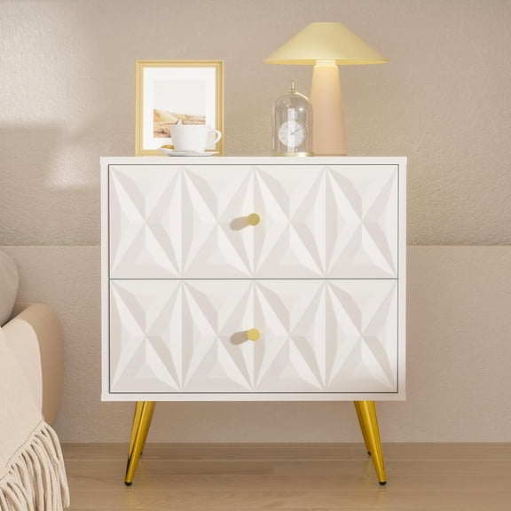Nightstand, White and Gold Nightstands with 2 Diamond Pattern Drawers, Modern End Table Side Table with Gold Handle & Legs