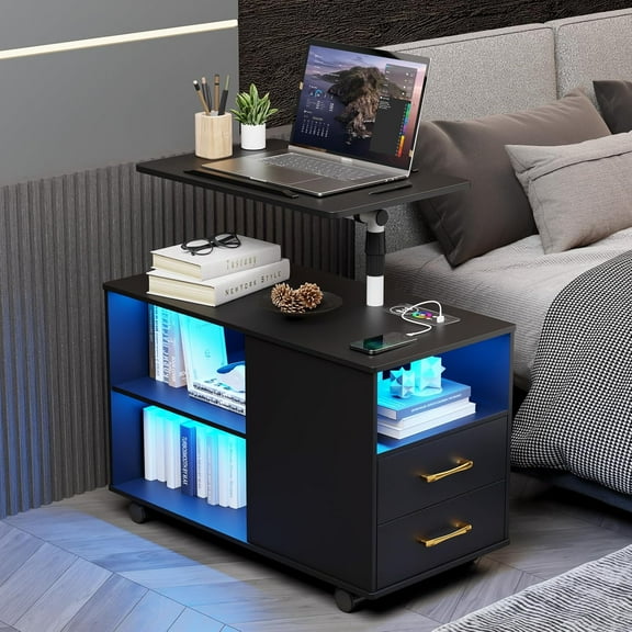Nightstand with Wireless Charging Station and Auto Senor,RGB Bedside Table with 360° Adjustable Rotary Table,Night Stand with Open Shelves,Drawers,4 Wheels(Black)