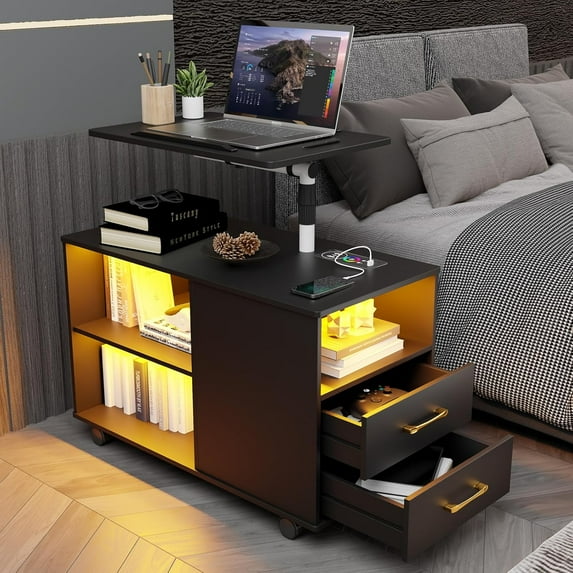 Nightstand with Wireless Charging Station and Auto Senor,RGB Bedside Table with 360° Adjustable Rotary Table,Night Stand with Open Shelves,Drawers,5 Wheels(Black)