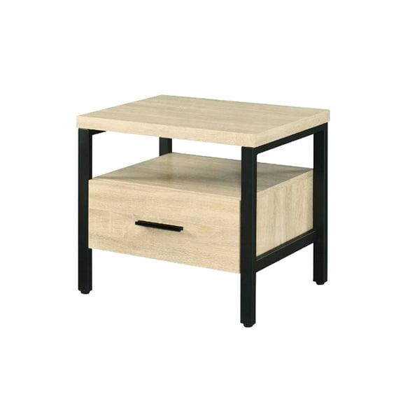 Nightstand With 1 Drawer And Shelf, Oak Wood Black Metal, Industrial Look Black, Inspired Design