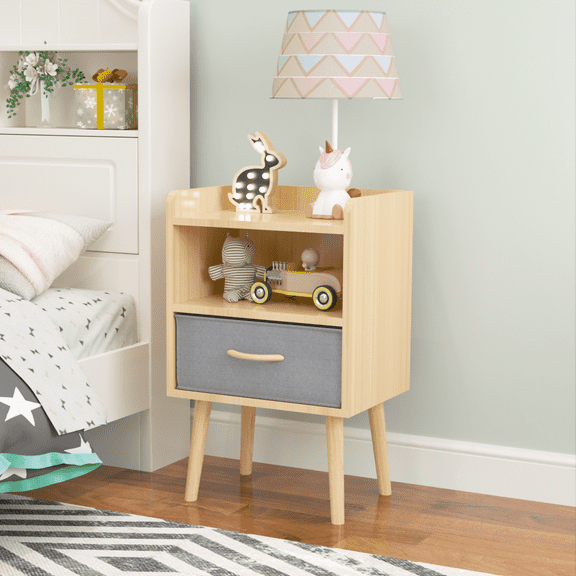 Nightstand With Collapsible Fabric Drawer, 2-Tier Storage End Table, Wood Side Table with Storage Cabinet