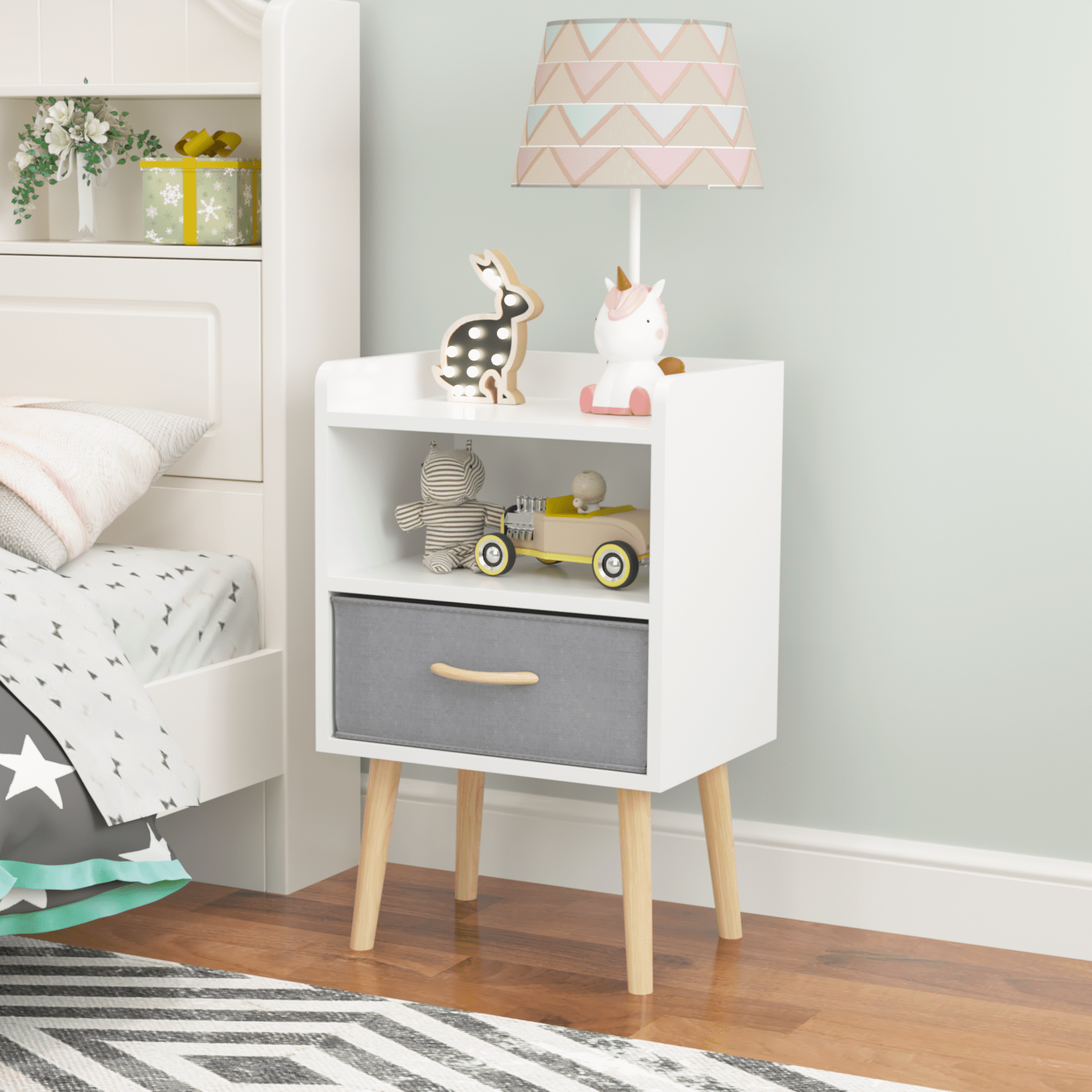 Nightstand With Collapsible Fabric Drawer, 2-Tier Storage End Table, Wood Side Table with Storage Cabinet