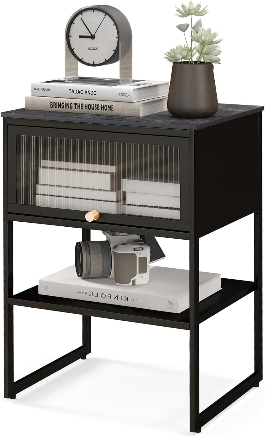 Nightstand With Flip Up Door, Modern Sofa Side Table With Open Shelf