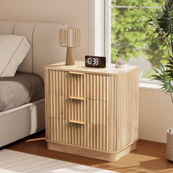 Nightstand, Wood Nightstand with 3 Drawers, Fluted Bed Side Table, Natural, Modern