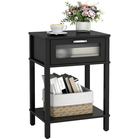 Nightstand Wooden Bedside Table with Drawer Black Night Stands Modern Style Small End Table Side Table with Storage Shelf for Bedroom Living Room MLBZ10B